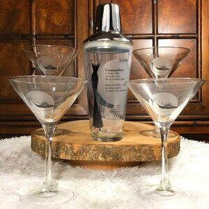 NWOT International Couture Dress Bag Shoe Martini Recipe Shaker & 4 Glass Set